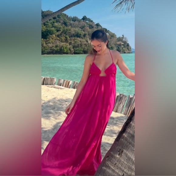 NWT Zara Hot Pink Chiffon Open Back Flowy Maxi Dress - Picture 6 of 10